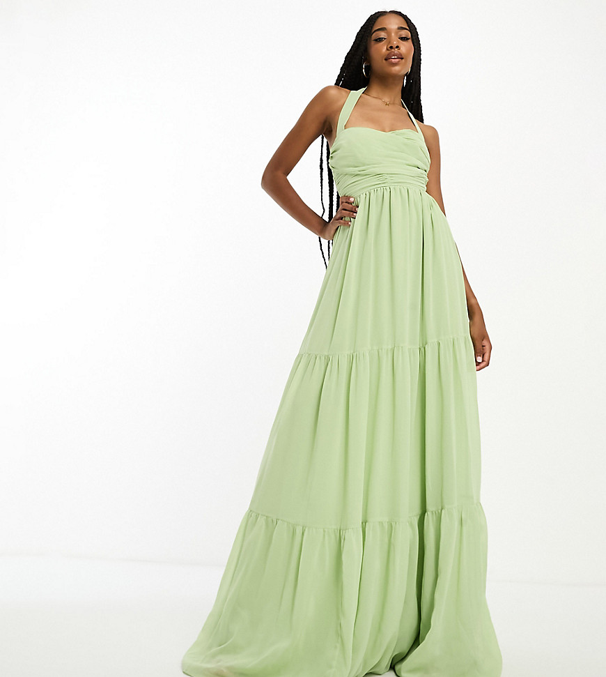 ASOS DESIGN Tall ruched bodice halter tiered maxi dress in sage green
