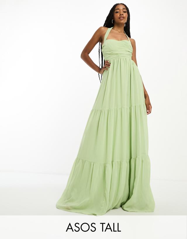 ASOS Tall - ASOS DESIGN Tall ruched bodice halter tiered maxi dress in sage green