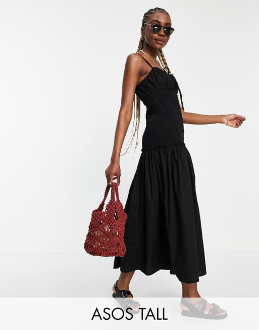 ASOS DESIGN Tall ruched bust cami midi sundress with shirred waist in  cotton poplin in black