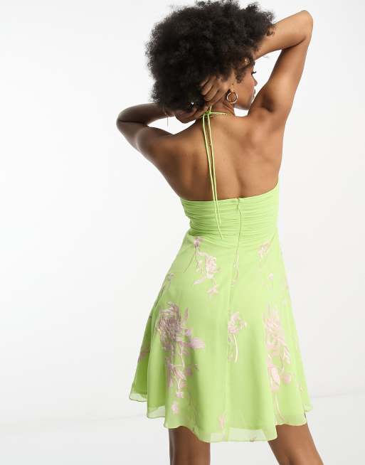 ASOS DESIGN Tall ruched bust embroidered chiffon mini dress with halter neck in lime green, 3 of 4