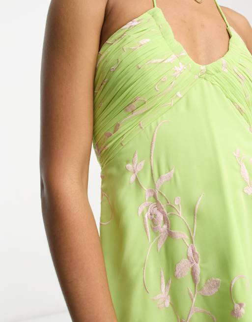 ASOS DESIGN Tall ruched bust embroidered chiffon mini dress with halter neck in lime green, 4 of 4