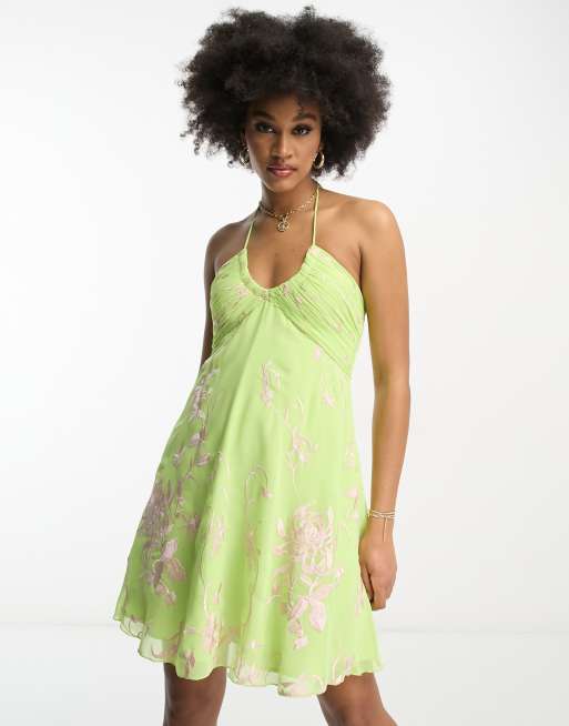 ASOS DESIGN Tall ruched bust embroidered chiffon mini dress with halterneck in lime green, 2 of 4