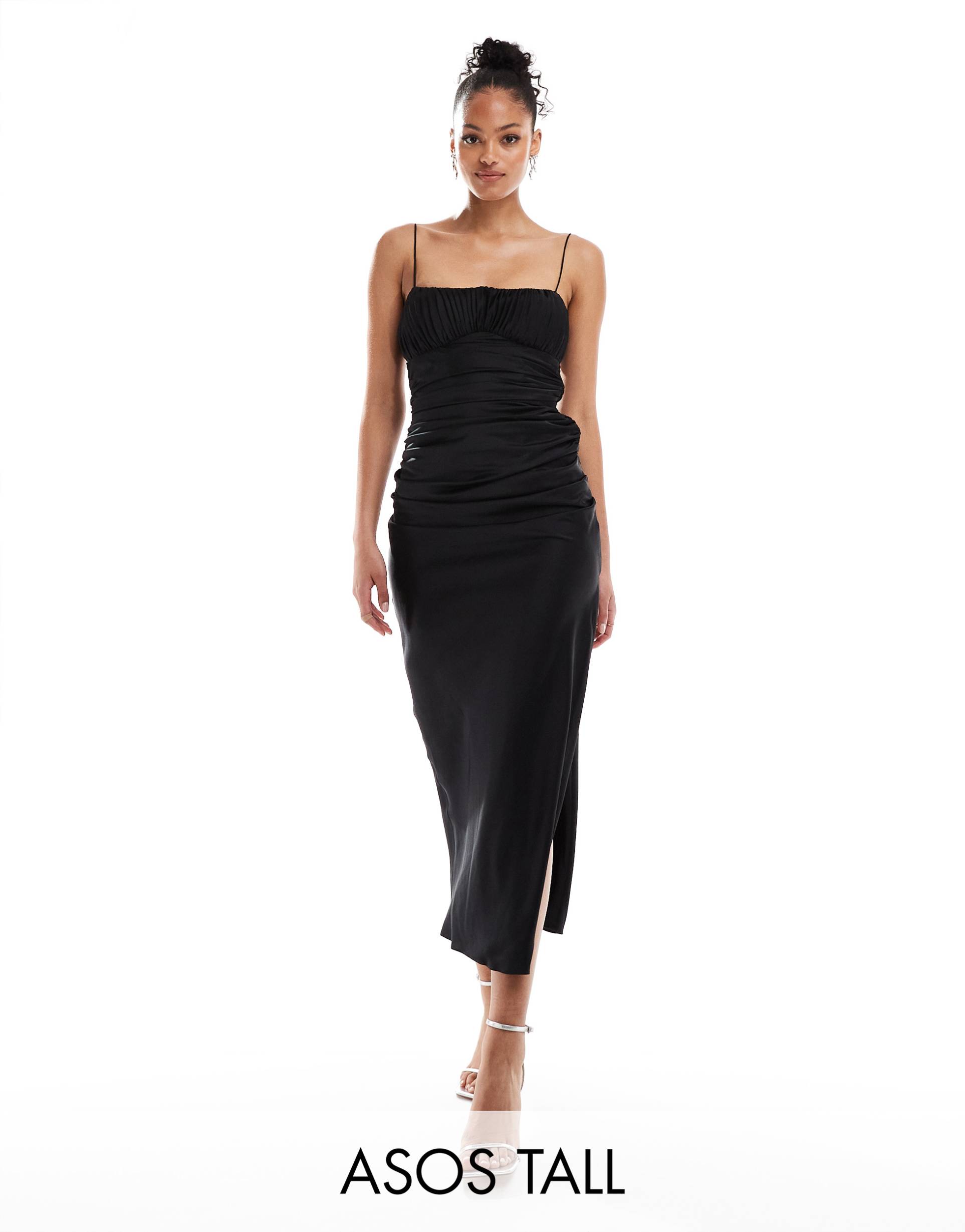 asos design tall ruched bust gathered satin cami midi dress in black