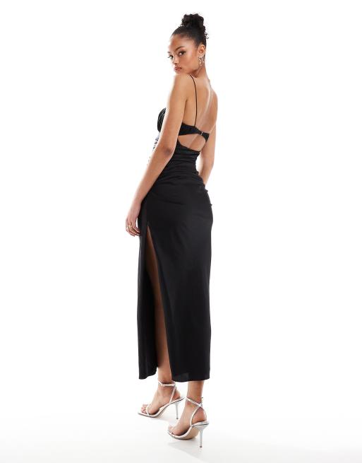 ASOS DESIGN Tall ruched bust gathered satin cami midi dress in black ASOS