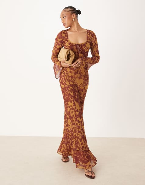 ASOS DESIGN Tall ruched bust long sleeve maxi dress in orange abstract print - view 1