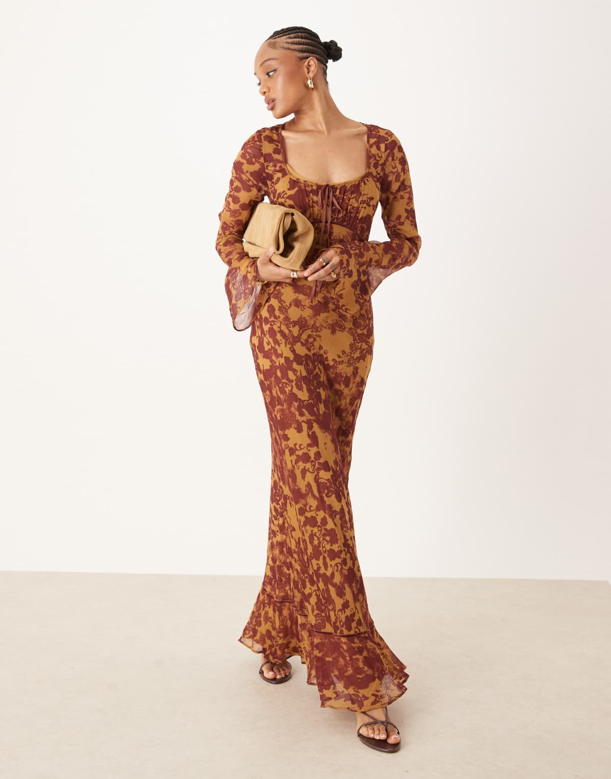 ASOS DESIGN Tall ruched bust long sleeve maxi dress in orange abstract print