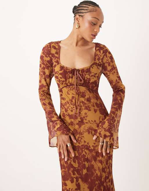 ASOS DESIGN Tall ruched bust long sleeve maxi dress in orange abstract print