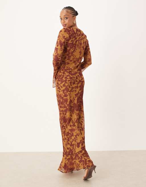 ASOS DESIGN Tall ruched bust long sleeve maxi dress in orange abstract print