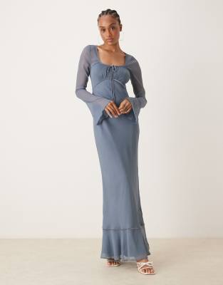 Asos Tall Asos Design Tall Ruched Bust Long Sleeve Maxi Dress In Blue