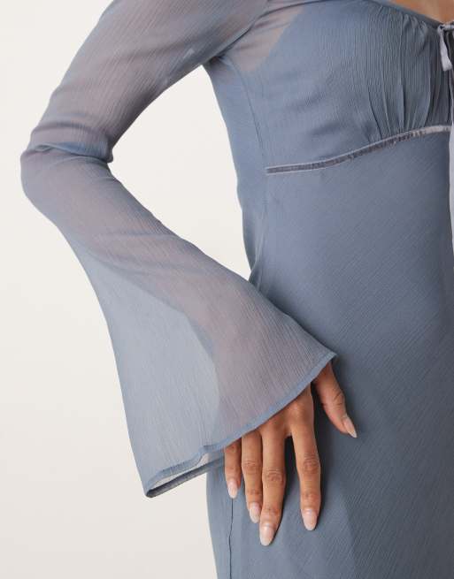 ASOS DESIGN Tall ruched bust long sleeve maxi dress in steel blue, 3 of 4