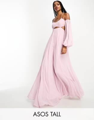 ASOS DESIGN Tall ruched bust off shoulder cut out babydoll maxi dress in dusty lilac-Purple