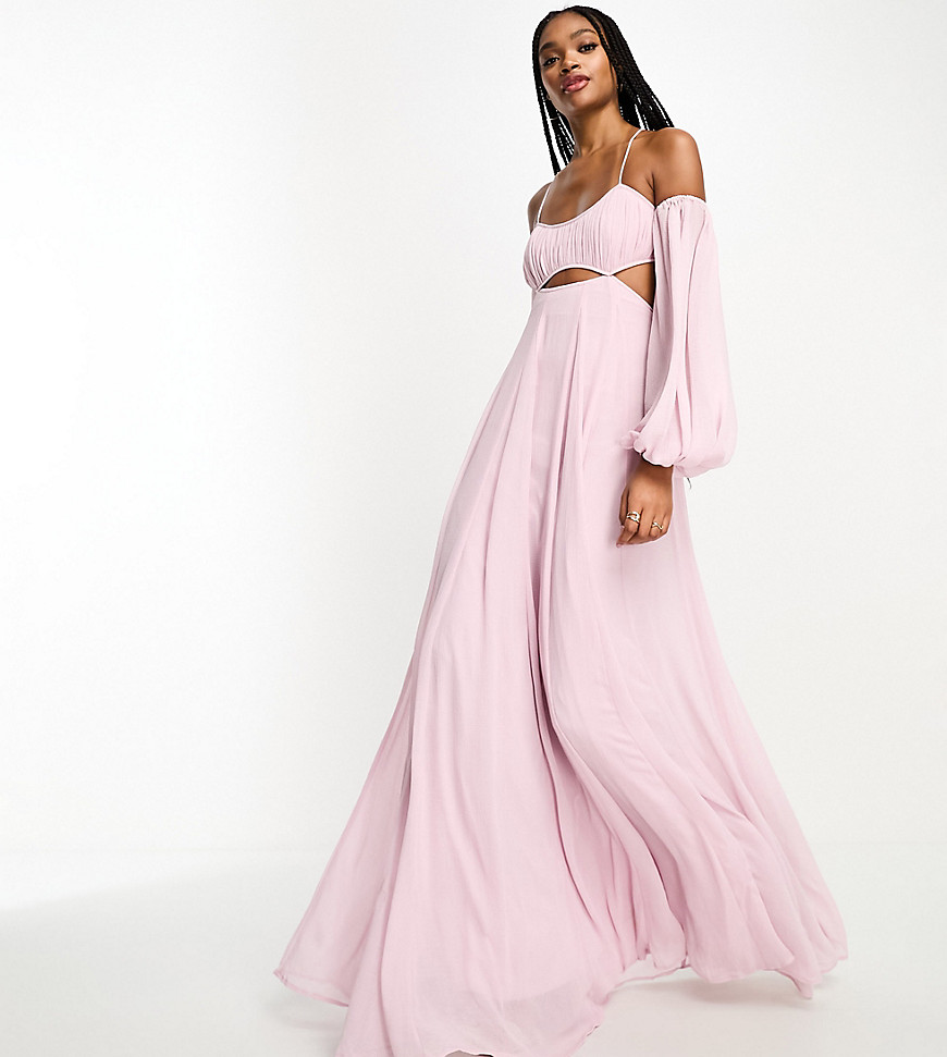 ASOS DESIGN Tall ruched bust off shoulder cut out babydoll maxi dress in dusty lilac-Purple