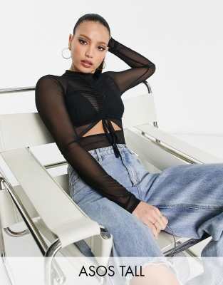 ASOS Tall ASOS DESIGN Tall ruched front long sleeve bodysuit in black