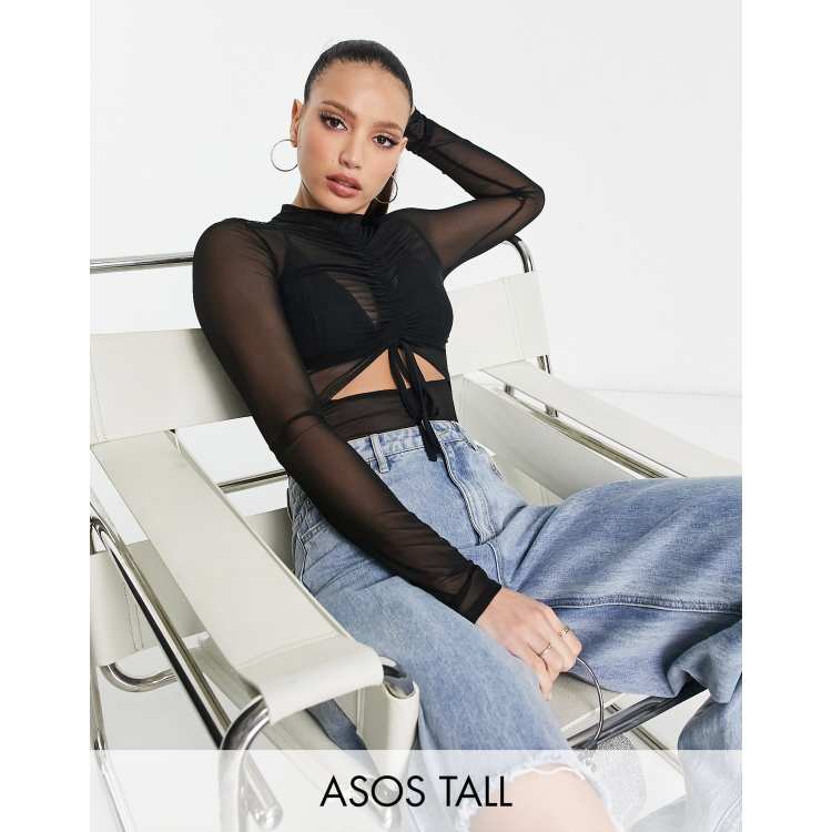 ASOS DESIGN Petite glitter mesh long sleeve bodysuit in black