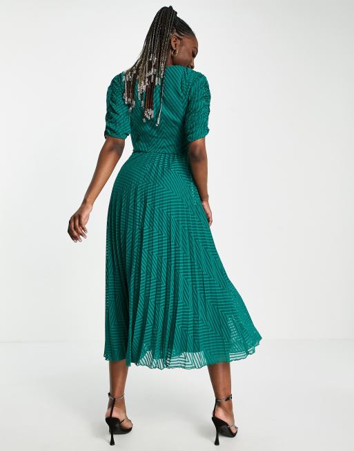 chevron pleated midi dress ASOS DESIGN Tall ruched front pleated midi dress with shirred waist in  chevron textured in forest green