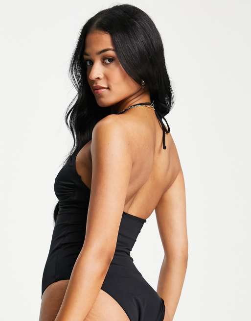 ASOS DESIGN gathered ruched cut out swimsuit in black