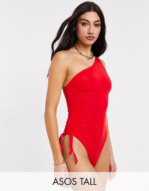 ASOS DESIGN tall ruched one shoulder swimsuit in red