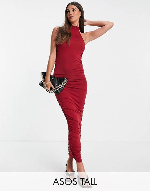 Women Tall ruched racer front neck midi dress in merlot 
