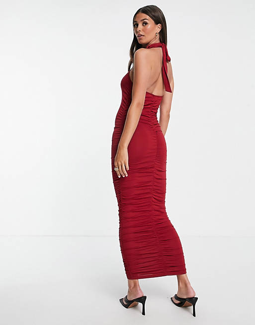 Women Tall ruched racer front neck midi dress in merlot 