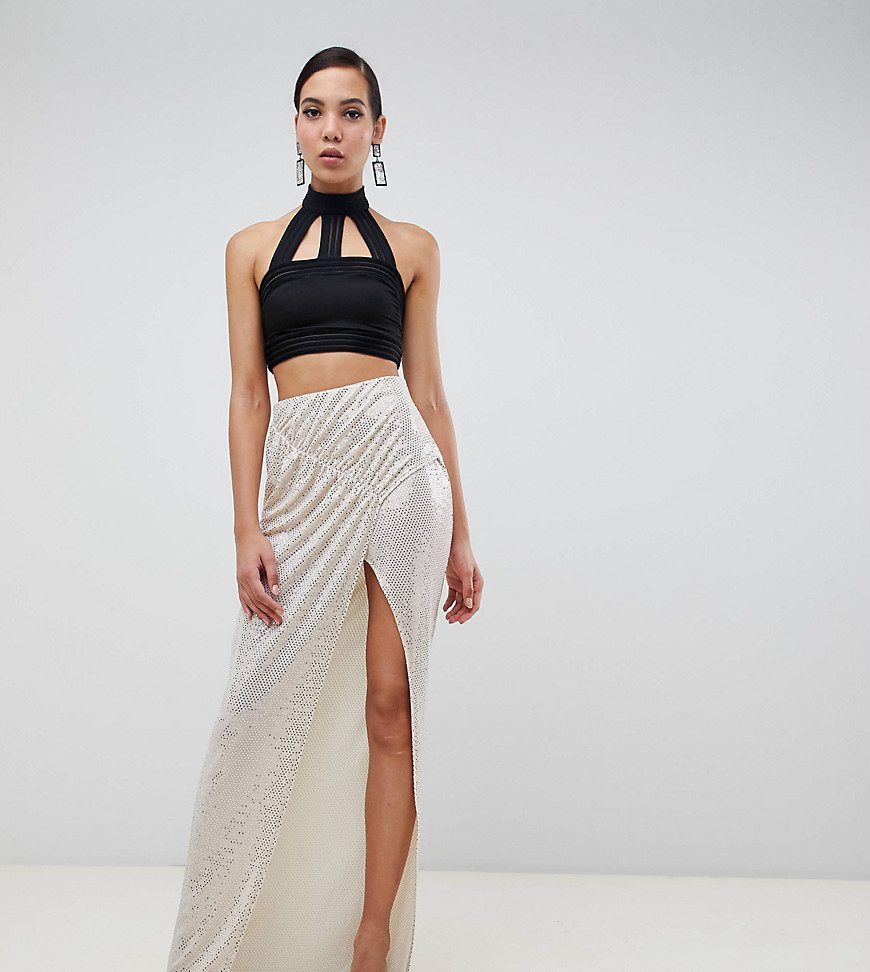 ASOS DESIGN Tall ruched sequin jersey maxi skirt-Gold