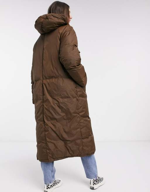 ASOS DESIGN Tall ruched sleeve maxi puffer coat in brown