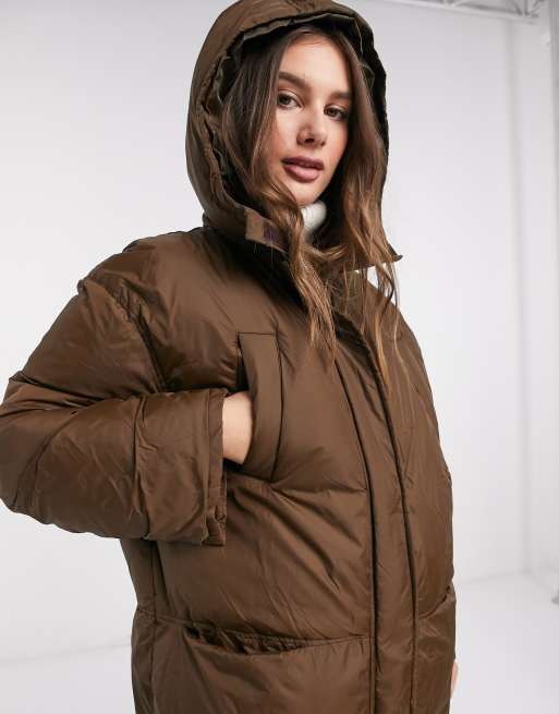 ASOS DESIGN Tall ruched sleeve maxi puffer coat in brown