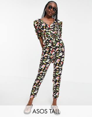 ASOS DESIGN tall ruched sleeve peg leg jumpsuit in floral print-Multi