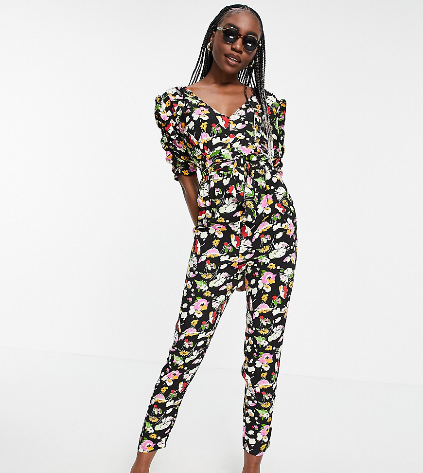 ASOS DESIGN tall ruched sleeve peg leg jumpsuit in floral print-Multi