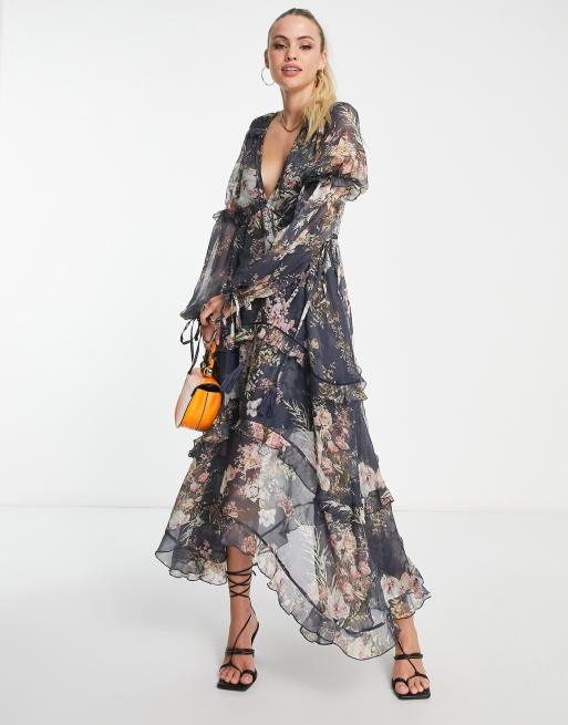 ASOS DESIGN Tall ruched tiered midi dress in navy floral print with lace trim