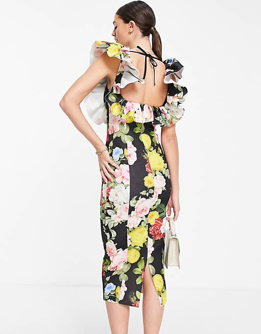 Dresses Tall ruffle cupped pencil midi dress in floral print 