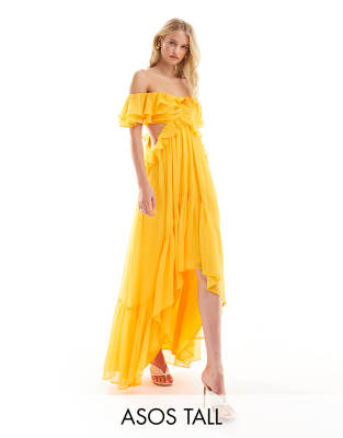 Asos Tall Asos Design Tall Ruffle Cut Out Off The Shoulder Maxi Dress In Bright Orange