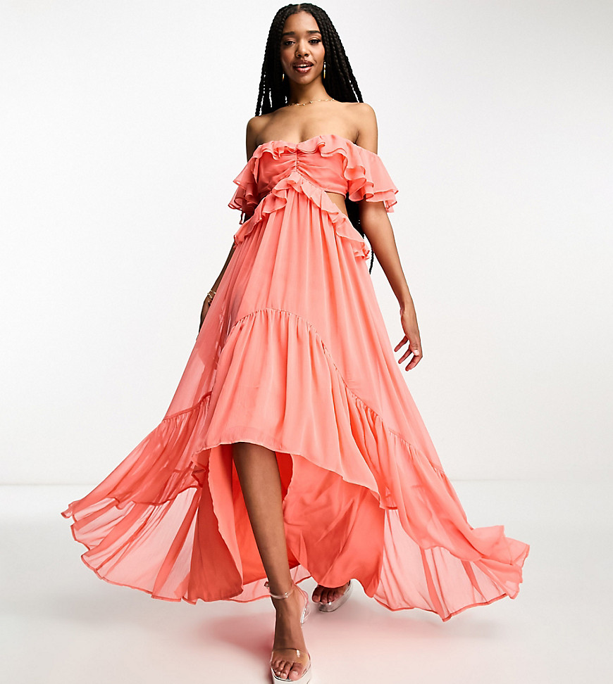 ASOS Tall ASOS DESIGN Tall ruffle cut out off the shoulder maxi dress with hi low hem in coral-Orange