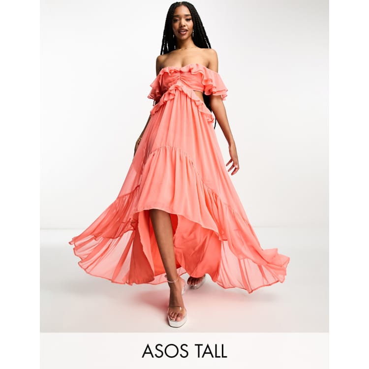ASOS DESIGN Tall ruffle cut out off the shoulder maxi dress with hi low hem in coral