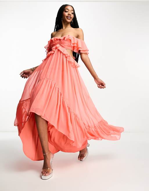 ASOS DESIGN Tall ruffle cut out off the shoulder maxi dress with hi low hem in coral