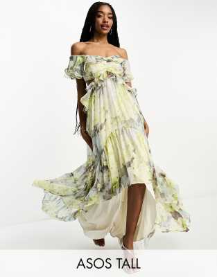 ASOS DESIGN Tall ruffle cut out off the shoulder maxi dress with hi low hem in green floral print-Multi