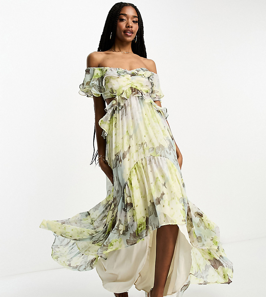 ASOS Tall ASOS DESIGN Tall ruffle cut out off the shoulder maxi dress with hi low hem in green floral print-Multi