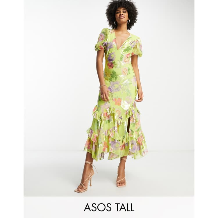 ASOS DESIGN Tall ruffle frill hem midi dress in green metallic rose print