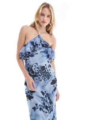 ASOS DESIGN Tall ruffle halter bias maxi dress with ruffle hem in blue  animal print | ASOS