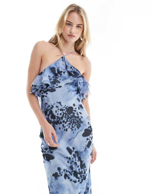 asos ruffle halter maxi dress ASOS DESIGN halter maxi dress with scarf detail and ruffle hem in blue