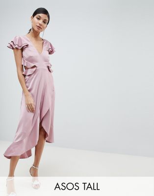 satin ruffle midi dress