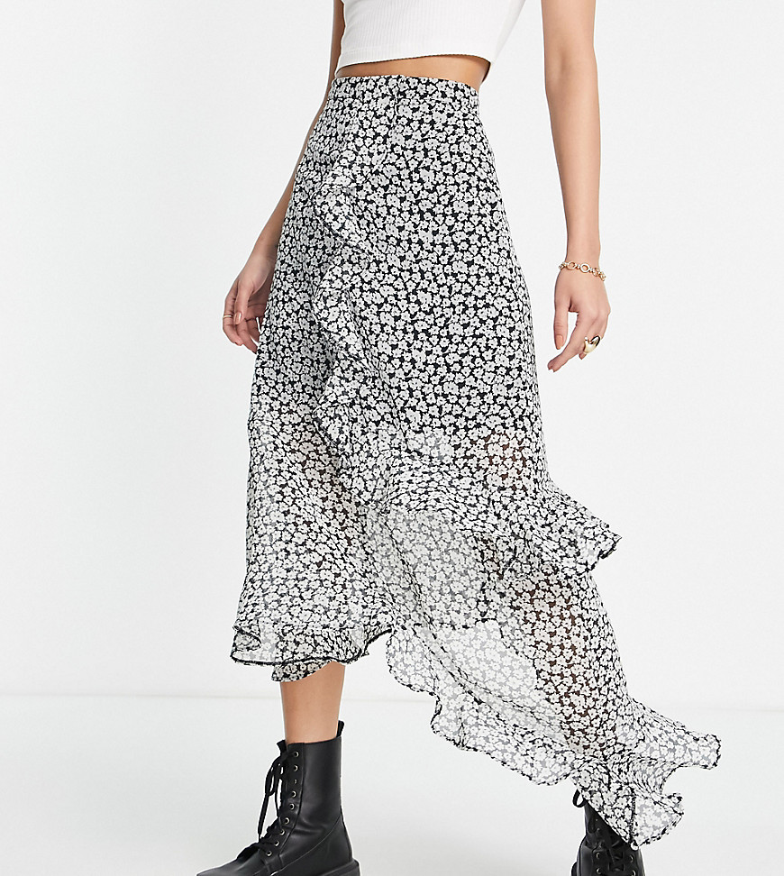 Asos Design Tall Ruffle Midi Skirt In Mono Floral Print-multi