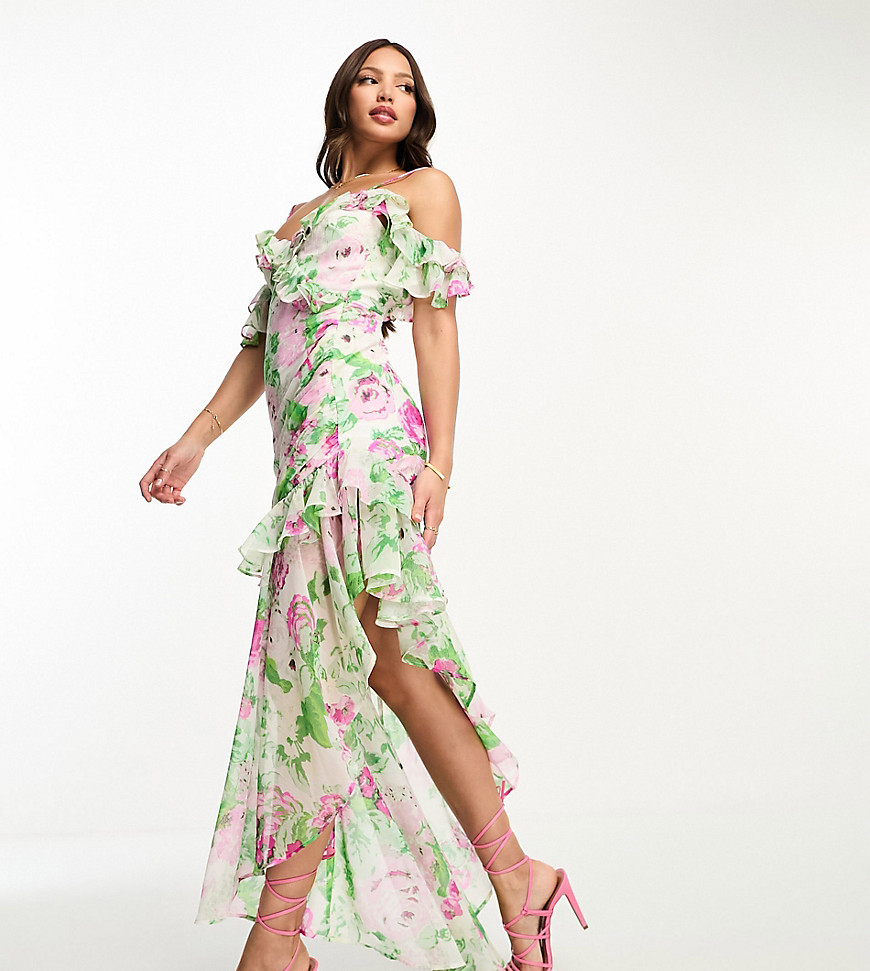 Asos Tall Asos Design Tall Ruffle Off Shoulder Assymetric Maxi Dress In Floral Print-multi