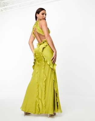 ASOS DESIGN Tall ruffle satin mix racer neck maxi dress in olive ASOS