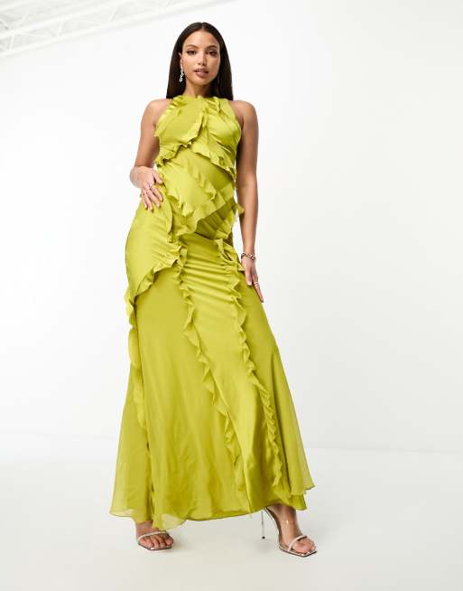 ASOS DESIGN Tall ruffle satin mix racer neck maxi dress in olive ASOS