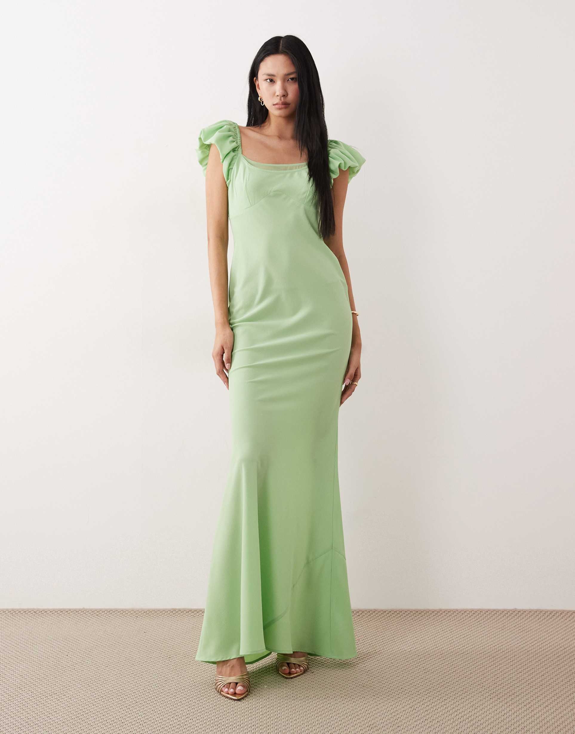 asos design tall ruffle sleeve double layer shift dress in light green