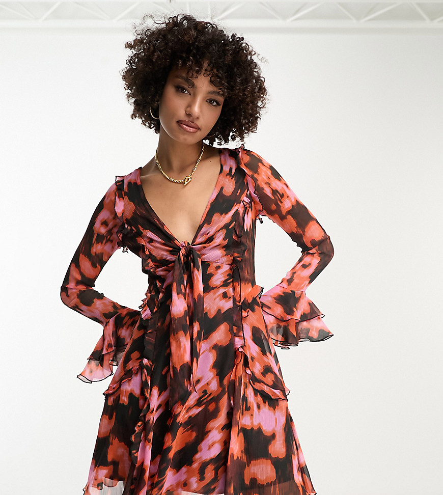 ASOS DESIGN Tall ruffle tie front plunge mini dress with frill sleeves in burnt orange lava print-Mu