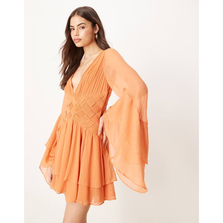 ASOS DESIGN Tall ruffle tiered mini dress with weave detail in terracotta |  ASOS