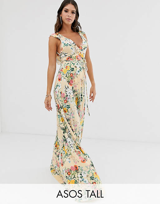 ASOS DESIGN Tall ruffle wrap maxi dress with tie detail in floral print ...