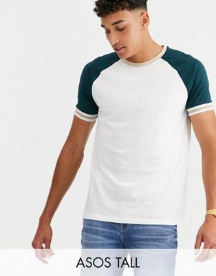 ASOS DESIGN Tall - Ruimvallend organisch T-shirt met raglanmouwen en contrasterend randje in wit-Groen