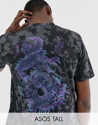 ASOS DESIGN - Tall - Ruimvallend T-shirt met tie-dye effect en zwarte drakenprint